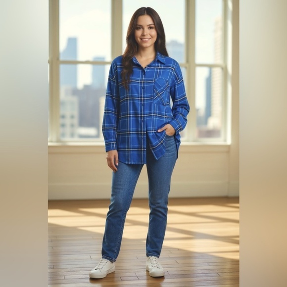 H&M Thick Blue Plaid w/ white & black stripes Button-Up Shirt 💙🤍🖤 NWOT